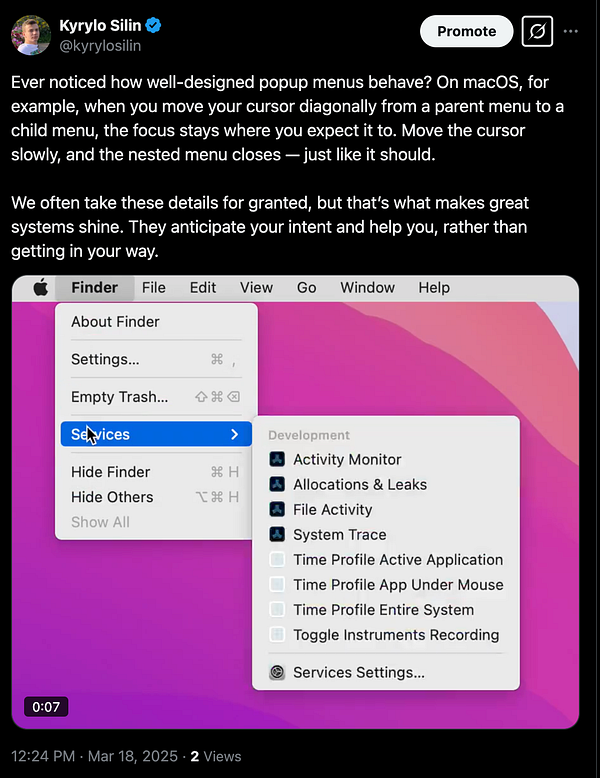 A screenshot of a macOS Finder menu displaying a well-designed popup menu with nested options.