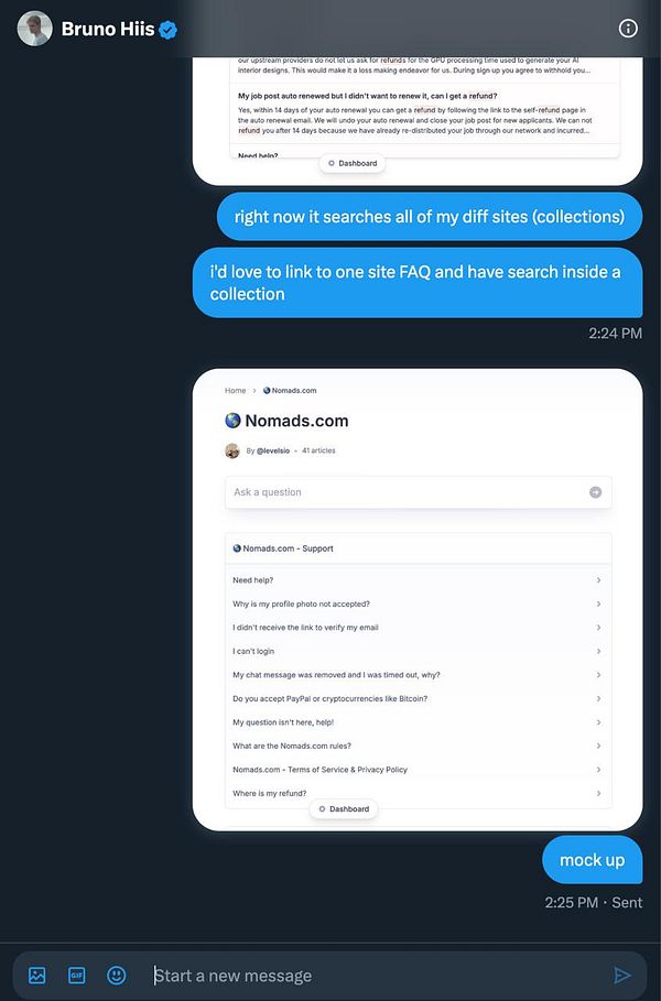 A mockup of a support page for Nomads.com displayed in a messaging interface.