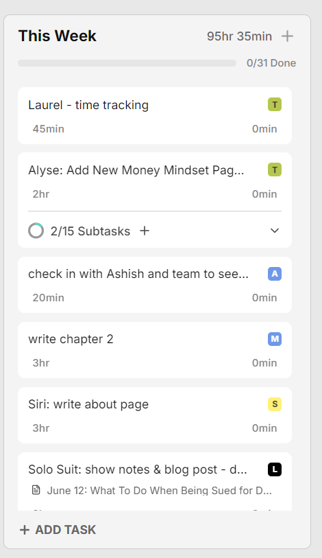 A task management interface displaying a list of tasks for the week.