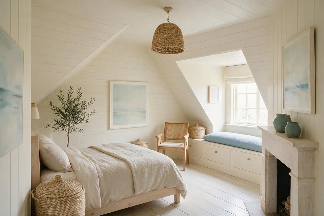 A bright coastal master bedroom with white shiplap walls and ceiling, a light wood bed dressed in soft beige linens, and a pale blue window seat built into the dormer wall. Woven pendant lighting, rattan chairs and baskets, and soft seascape artwork create a calm, airy atmosphere.