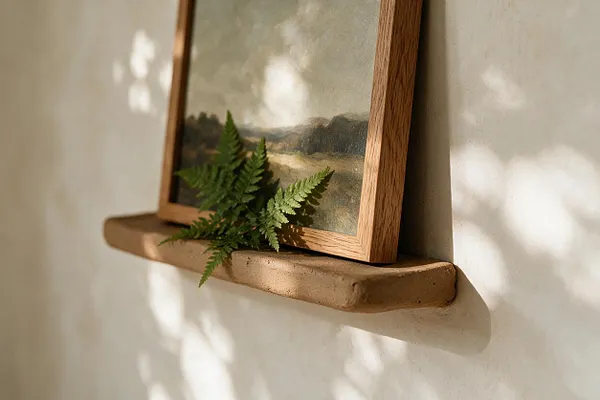 A close-up of a wood-framed landscape print leaning on a narrow plaster ledge against a softly textured wall. A small fern rests in front of the frame, while dappled sunlight and plant shadows create a calm, natural mood.