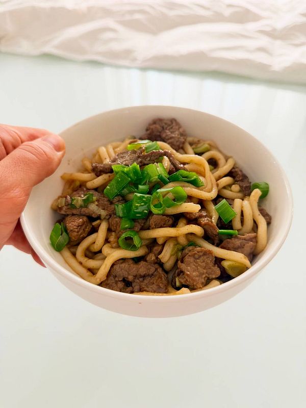A hand holding a bowl of udon beef noodles garnished with chopped green onions.