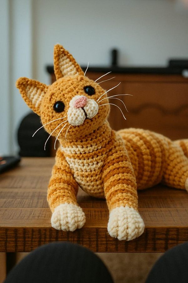 A crocheted orange cat is resting on a wooden table.