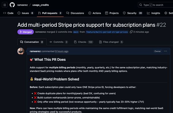 The image displays a GitHub pull request discussing the addition of multi-period subscription support for Stripe.