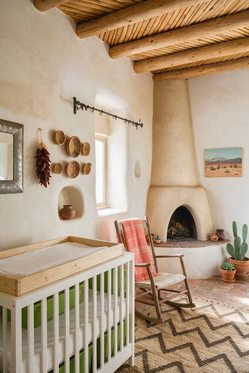 A Southwestern-style nursery with a white crib, woven wall baskets, a rustic rocking chair, and a plaster fireplace. Exposed wooden ceiling beams, terra-cotta tile floors, cactus plants, and warm neutral walls create a cozy, earthy atmosphere.