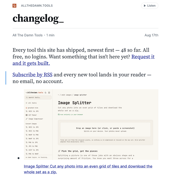 Screenshot of an RSS feed page showing logs of new tools added, with a request for a new tool highlighted.