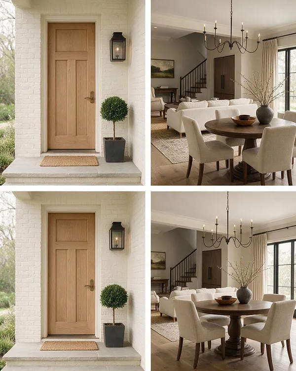 A collage of a home exterior entry and a bright transitional dining and living area. The front porch features a light wood door in white brick with a black lantern sconce and potted topiary, while the interior shows neutral upholstered chairs, a round wood pedestal table, a dark iron chandelier, cream curtains, and soft gray walls leading to a staircase.
