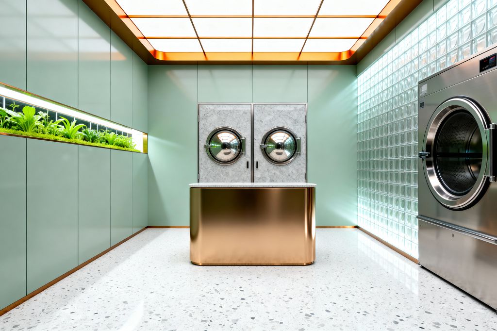 A futuristic laundry room features mint-green, handleless cabinets along the left wall with a long, LED-lit planter of greenery. A backlit grid ceiling glows above a rounded copper island with a white stone top. At the center, two built-in front loaders are set within pale stone panels, while to the right a stainless industrial machine sits beside an illuminated glass-block wall. The floor is white terrazzo with gray chips, creating a bright, clean look.
