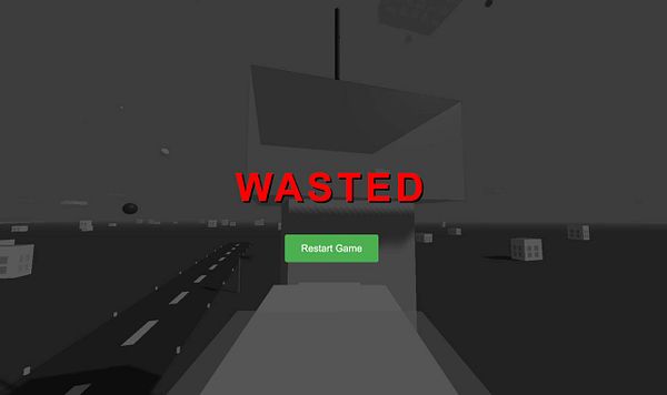The image displays a game over screen featuring a prominent 'WASTED' message.
