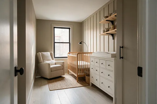 A narrow farmhouse-style nursery with a beige upholstered armchair, a light wood crib, and a white dresser with black hardware. Vertical paneled walls, a woven rug, floating wood shelves, and a black lamp create a warm, minimalist, natural look.