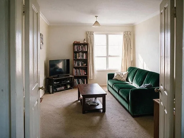 After: Swap the sofa for a dark green velvet one.
