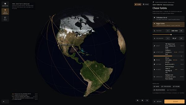 Interactive global map showing a planned spacecraft orbit path from Spaceport Louisiana with mission parameters on the right panel.