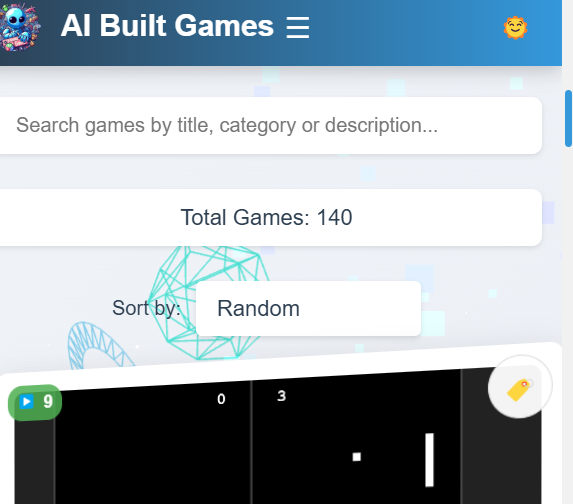 The image displays a user interface for a game platform titled 'AI Built Games' with a total of 140 games available.