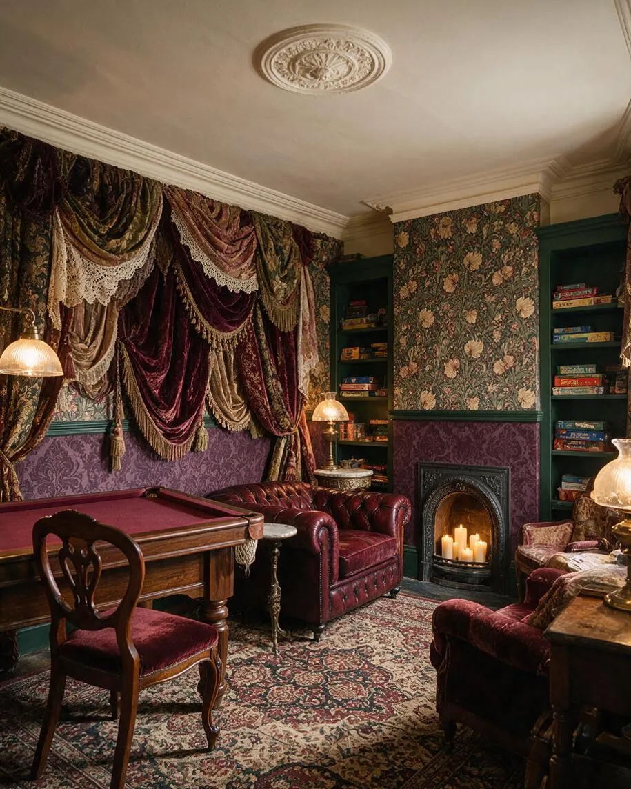 A richly decorated Victorian-style game room with a burgundy felt game table, carved wooden chair, tufted leather seating, and a patterned area rug. Heavy draped curtains, floral wallpaper, built-in bookcases, and a lit fireplace create a dramatic, cozy atmosphere.