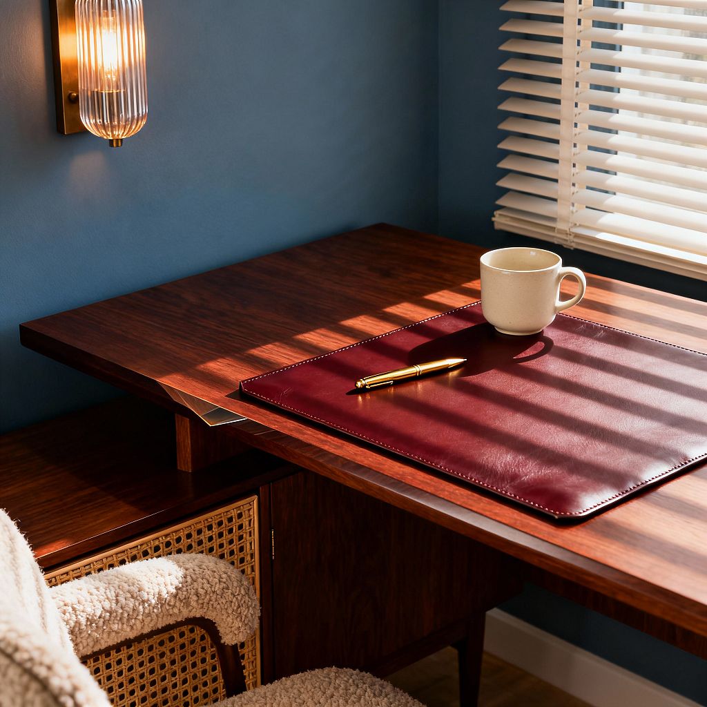 A close-up of a Mid-Century Modern home office shows a dark walnut desk beside a cabinet with a woven cane door and a curved-arm chair upholstered in cream bouclé. Sunlight through white venetian blinds casts stripes across a burgundy leather desk pad holding a gold pen and a cream ceramic mug, while a brass wall sconce with a ribbed glass shade glows against a muted blue wall, highlighting clean lines and warm textures.