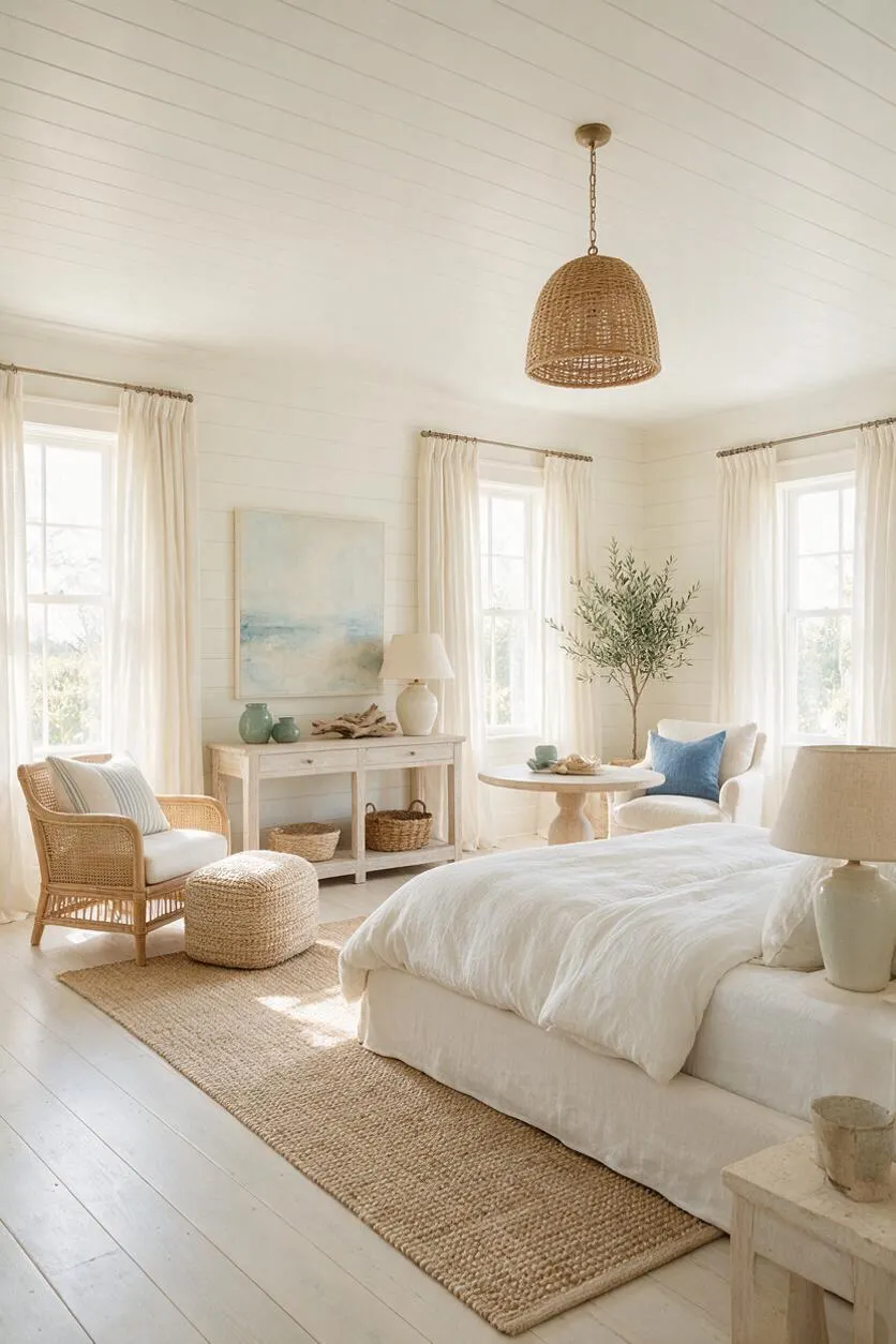 A bright coastal master bedroom with white paneled walls and ceiling, soft sheer curtains, and a woven pendant light. The room features a low upholstered bed, a jute rug, rattan and wicker seating, light wood furniture, and soft blue accents for a relaxed seaside feel.