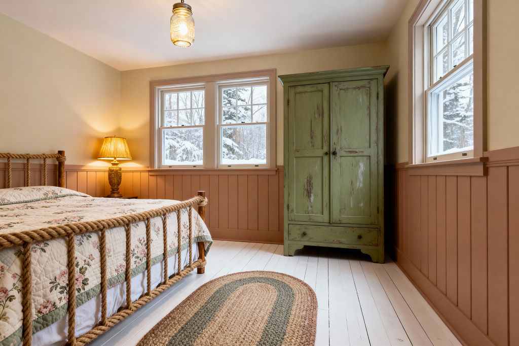A cozy farmhouse kids' bedroom features a rope-framed bed with a floral quilt and a brass table lamp on a small nightstand. Clay-painted vertical wainscoting lines the lower walls beneath creamy paint, a distressed sage green armoire anchors the corner, and white painted plank floors hold an oval braided jute rug; two double-hung windows reveal snowy trees while a glass mason-jar pendant casts warm overhead light.