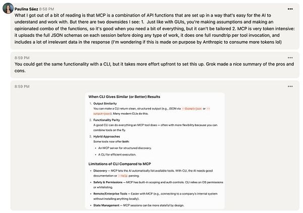 Diagram comparing feature uses between APIs and Multi-Cloud Platforms (MCPs) for AI with CLI.