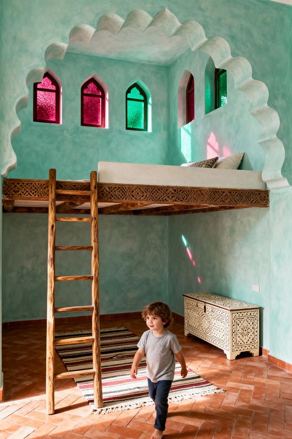 A children’s room with aqua plaster walls features a scalloped arch framing a loft bed reached by a rustic wooden ladder. Four narrow arched windows with red and green textured stained glass color the light onto terracotta herringbone tiles; a striped flatweave rug lies below, and a cream bone‑inlay storage chest sits against the wall as a barefoot child walks across the sunlit floor.