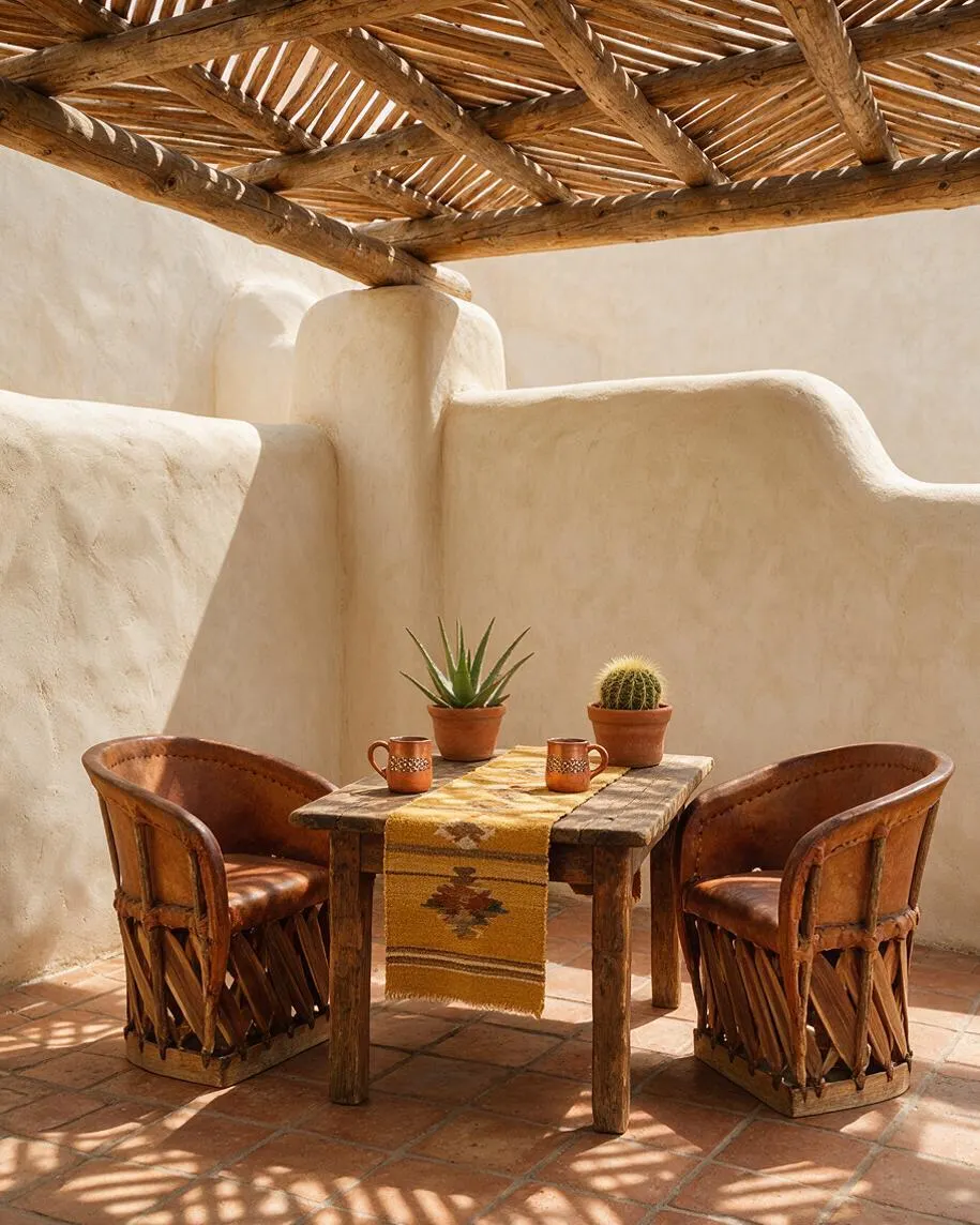 A sunlit Southwestern outdoor seating nook with smooth adobe-style walls, a rustic wood pergola overhead, terracotta tile flooring, and a small wooden table surrounded by two leather and woven chairs. The table is styled with a woven runner, clay mugs, and potted succulents and cactus.