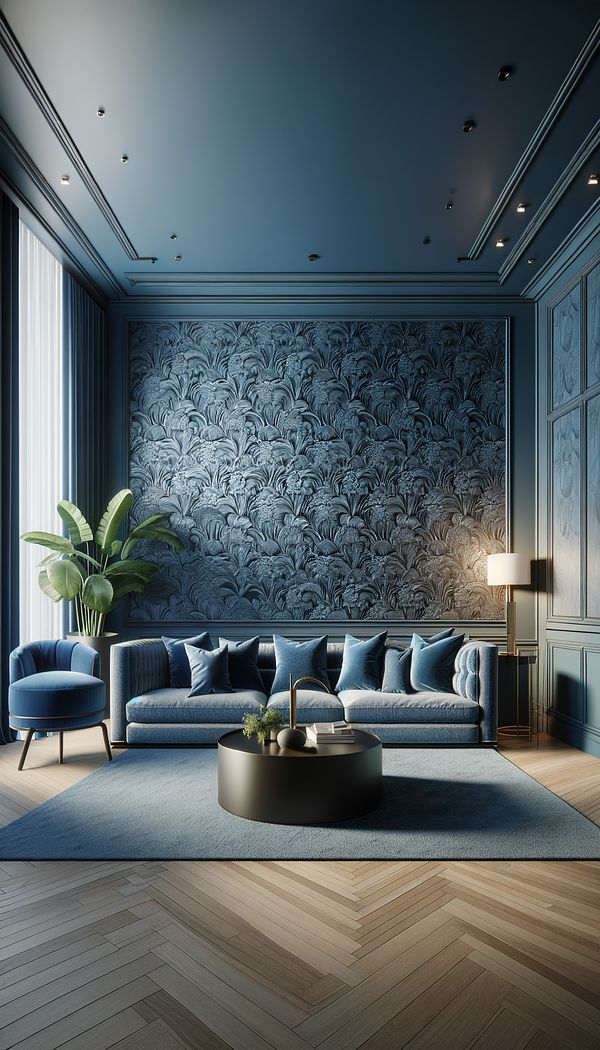 a luxurious living room featuring a large feature wall covered in deep blue flock wallpaper, complemented by elegant, simple furniture
