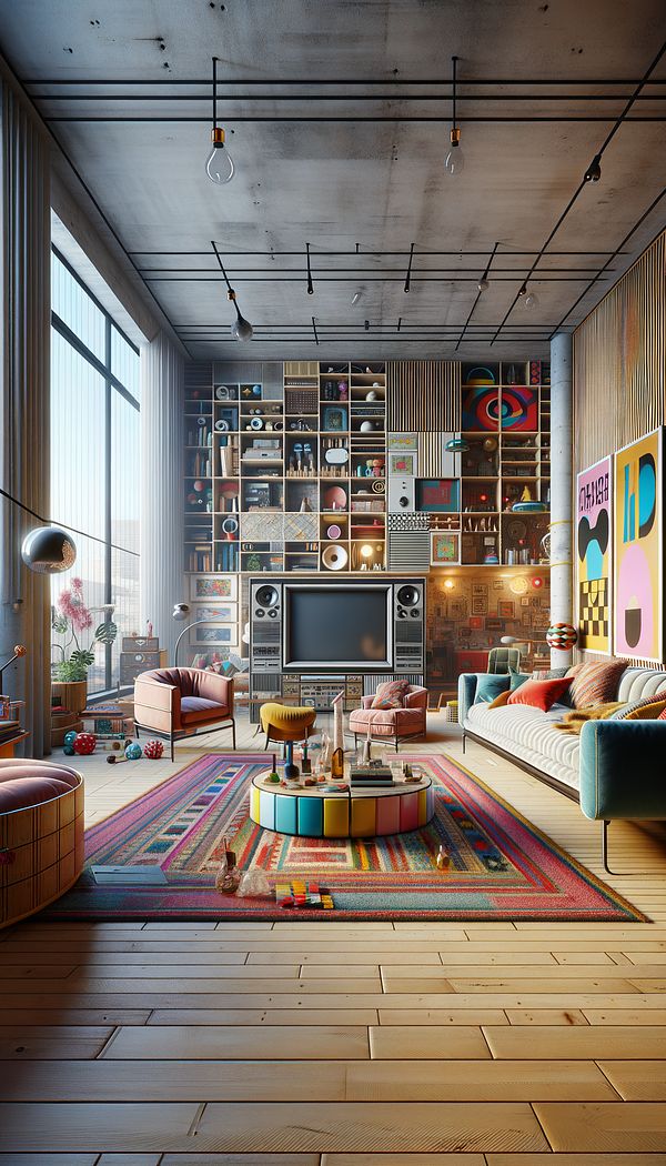 An eclectic living room blending modern technology with vintage furniture and colorful, unconventional decor, showcasing the playful and diverse essence of Post-Modernism.
