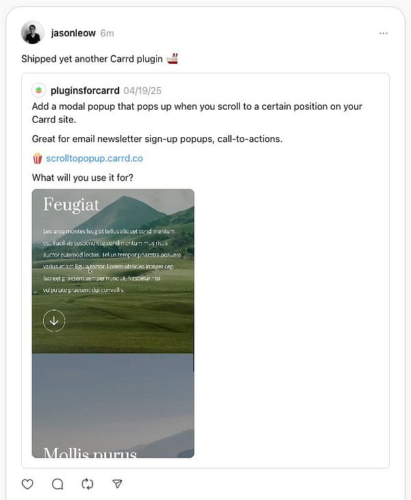 A social media post promoting a new Carrd plugin with a visual example of its functionality.