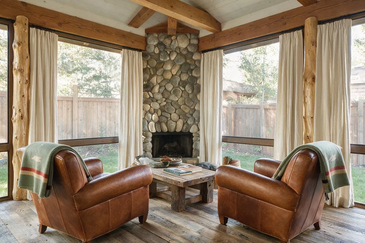 A rustic enclosed backyard sitting area with a central stone fireplace, exposed wood beams, and large windows wrapped in cream curtains. Two brown leather armchairs face a weathered wood coffee table on a plank floor, creating a cozy indoor-outdoor retreat.