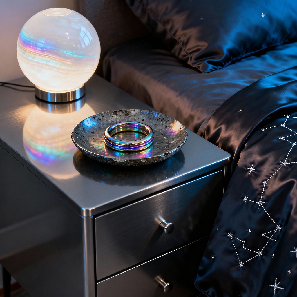 A brushed stainless-steel bedside table with two drawers holds a spherical opal-glass lamp that casts a cool white glow and rainbow reflections across the metal surface. Beside it, a hammered dark metal dish holds iridescent bangles, while deep midnight-blue satin bedding with tiny embroidered constellations drapes over the mattress, creating a moody, celestial vignette.