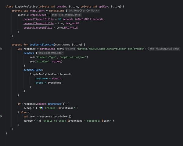 The image displays a code snippet for a SimpleAnalytics client implementation in Kotlin.