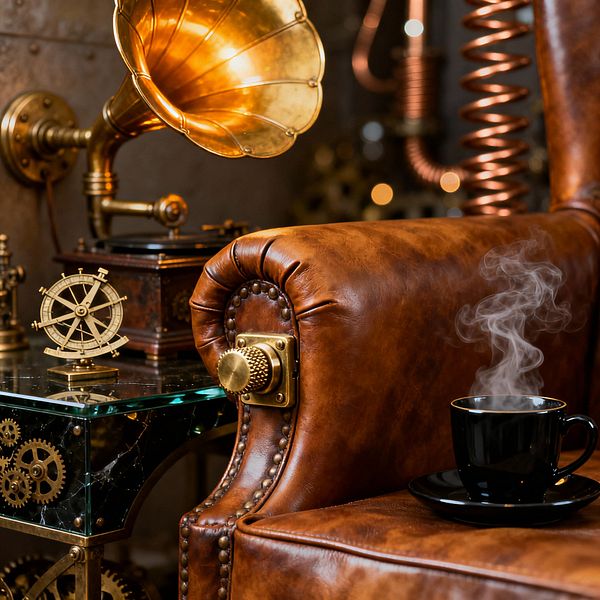 Close-up of a steampunk living room shows a cognac leather armchair with nailhead trim and brass mechanical hardware. A black cup of steaming coffee rests on the arm, next to a glass-top side table with a black marble panel and visible brass gears. A vintage brass gramophone with a flared horn sits behind, with a small brass ship‑wheel figurine nearby. Copper coils and a riveted metal wall glow under warm amber light.