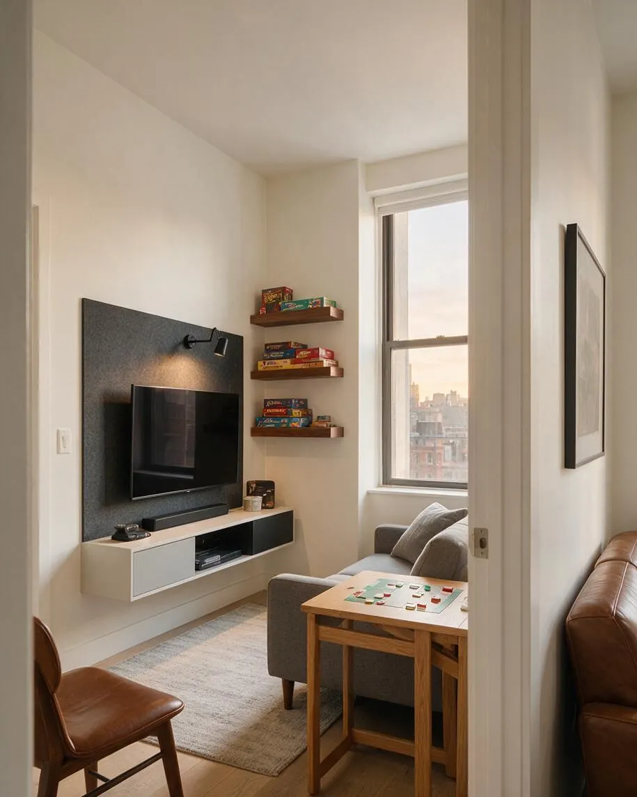 A compact modern game room with an off-white color palette, a wall-mounted TV on a dark textured panel, floating shelves holding board games, and a gray sofa by a large window. A small wooden game table sits in the foreground, with a tan leather chair and natural light filling the space.