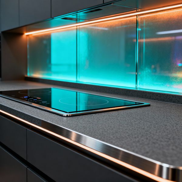 A close-up of a futuristic kitchen shows a flush black glass induction cooktop set in a soft gray quartz composite countertop with stainless edging. Behind it, large tempered-glass backsplash panels glow cyan-teal, complemented by a warm amber LED strip beneath the upper cabinets. Matte graphite, handleless drawers line the base, and subtle edge lighting emphasizes clean lines and reflective surfaces for a high-tech, minimal look.
