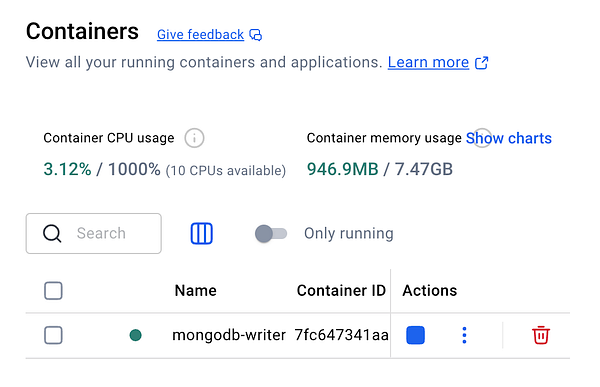 The image displays a user interface for managing running containers, specifically showing details about a MongoDB container.