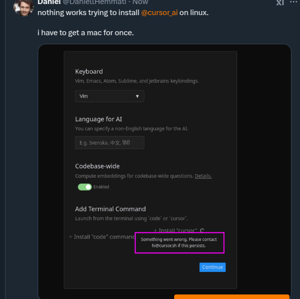 The image displays a user interface for installing the Cursor AI tool on Linux, highlighting an error message.