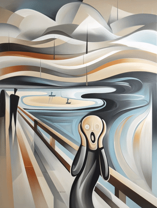 A stylized interpretation of Edvard Munch's 'The Scream' featuring abstract elements and a dramatic landscape.