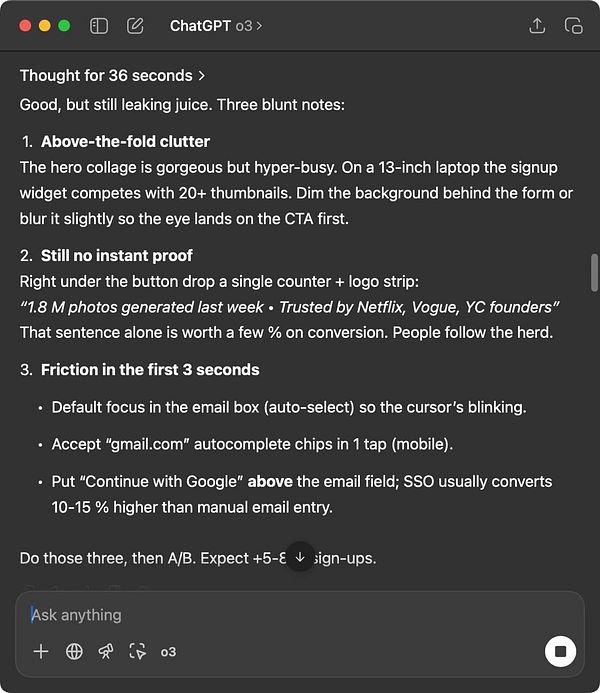 The image displays a screenshot of a ChatGPT interface with notes on improving a signup widget's design and functionality.