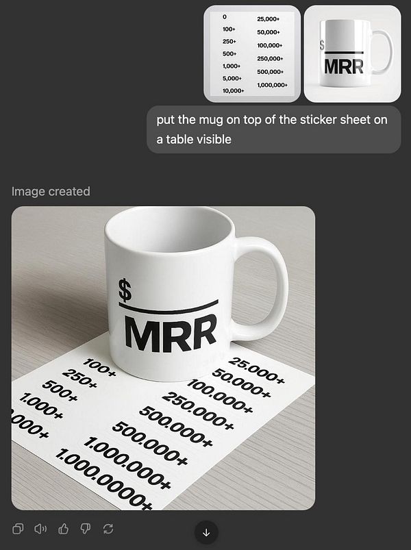A white mug with '$ MRR' printed on it is placed on a sticker sheet displaying various monetary values.