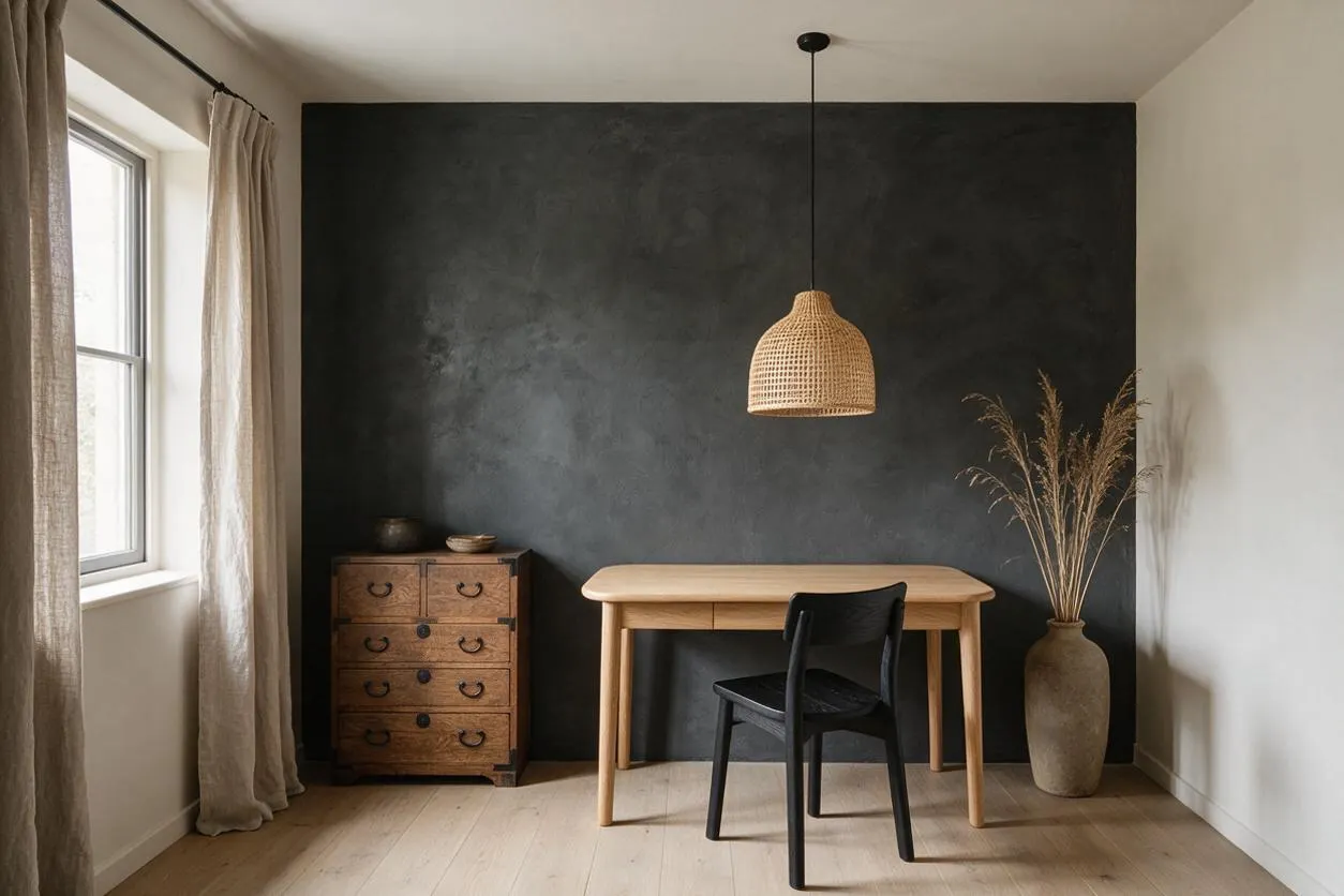 A serene home office with a light wood desk and black chair centered against a dark charcoal accent wall. A woven pendant light hangs above, while a rustic wooden chest, tall vase with dried grasses, and soft linen curtains add warmth and texture.