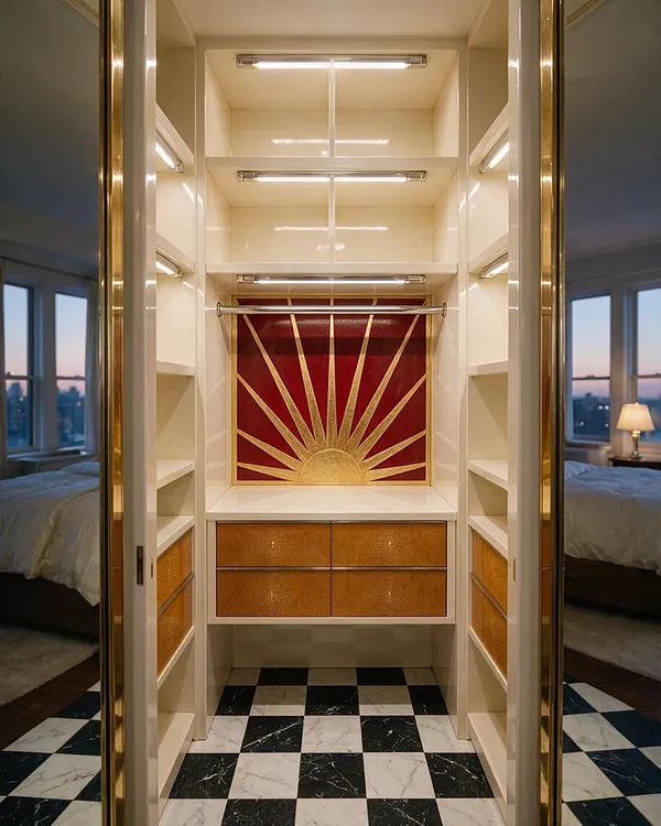A narrow walk-in closet in an Art Deco style with glossy cream built-ins, brass trim, and open shelving on both sides. A red and gold sunburst panel anchors the back wall above amber-textured drawers, while black-and-white checkerboard flooring adds a bold graphic contrast.