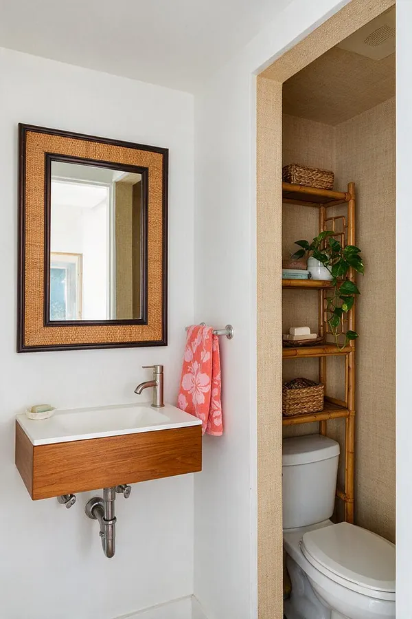 A compact powder room with a floating wood vanity, white sink, and brushed metal faucet beneath a framed mirror with a woven rattan border. A pink floral hand towel adds color, while the adjoining toilet nook is lined with natural woven wallpaper and bamboo shelving holding baskets and a leafy plant.