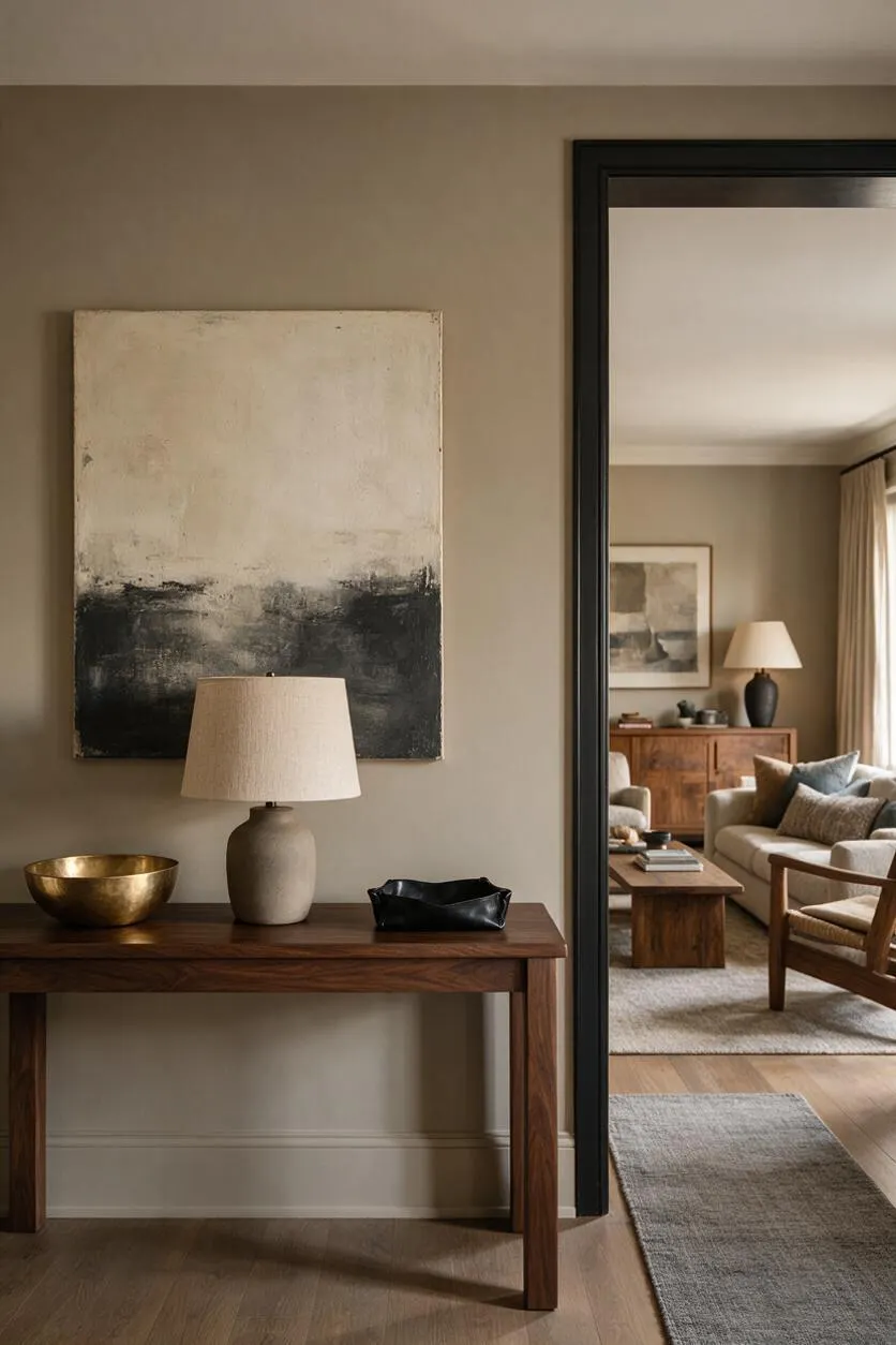 A transitional entryway with a dark wood console table against a taupe wall, topped with a ceramic table lamp, a brass bowl, and a black decorative dish. Above it hangs a large abstract painting in cream, beige, and black. A black-trimmed doorway opens to a cozy living room with neutral sofas, wood furniture, and soft drapery.