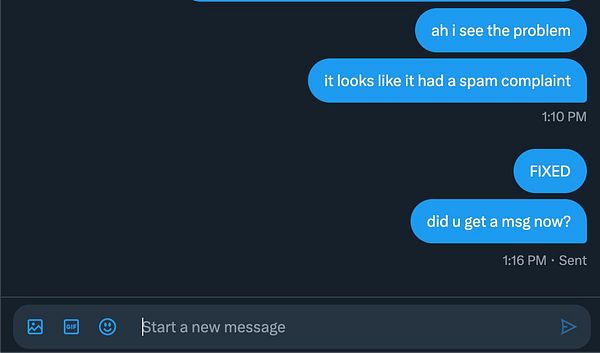 A conversation in a messaging interface discussing a technical issue related to spam complaints.