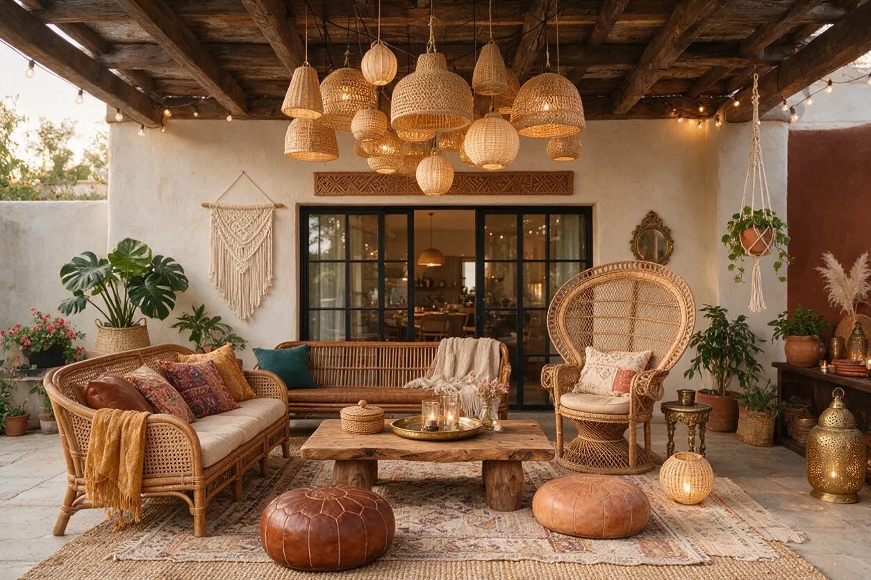 A bohemian backyard patio with a rustic wood pergola, black-framed glass doors, and a neutral stucco wall. The space features rattan sofas and an oversized wicker chair around a raw wood coffee table, layered vintage rugs, leather poufs, hanging woven pendant lights, macramé decor, and many potted plants.