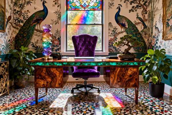 A maximalist home office features a burl-wood desk with a vivid green malachite top facing a window beneath a stained-glass transom that casts rainbow light onto a multicolored terrazzo floor. A tufted purple velvet chair sits center stage, flanked by chinoiserie wallpaper with large peacocks, deep teal wainscoting, a brass-base lamp of stacked colored glass orbs, a bonsai on the desk, and potted monstera plants.