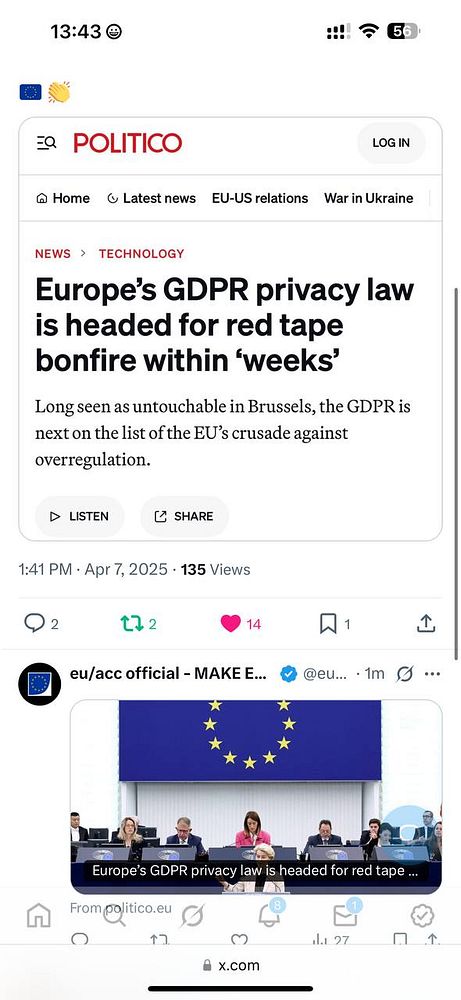 The image features a screenshot of a Politico article discussing changes to the EU's GDPR laws.
