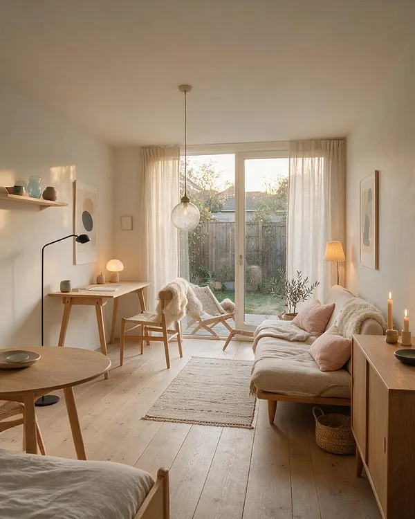 A serene Scandinavian-style backyard room with pale wood floors, a small desk, round table, cushioned sofa, and woven chair facing large glass doors. Sheer curtains frame the view of a fenced garden, while soft lighting, candles, and neutral textiles create a calm, cozy atmosphere.