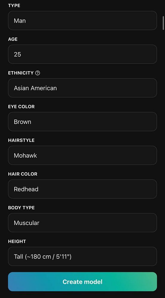 The image displays a user interface for creating a model with specific attributes.