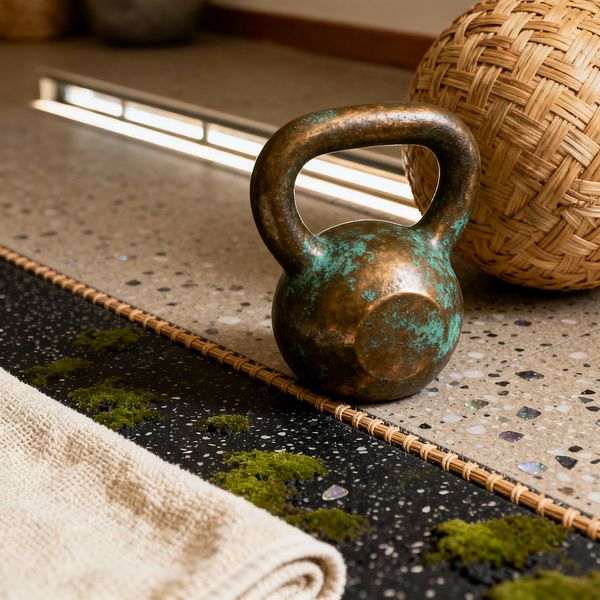 Close-up of a Wabi-Sabi home gym vignette featuring a heavily patinated bronze kettlebell on speckled terrazzo flooring. A black rubber mat with stone flecks and small patches of green moss sits beside a rolled beige cotton towel, while a woven rattan ball and a low linear window introduce warm light, emphasizing handcrafted textures, irregular finishes, and earthy tones that celebrate timeworn simplicity.