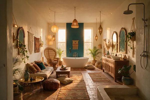 A warm bohemian master bathroom with a freestanding white soaking tub centered against a turquoise accent wall between tall windows. The room includes carved wood vanities, arched mirrors, rattan chairs, hanging lanterns, woven wall hangings, layered rugs, plants, and soft natural light.